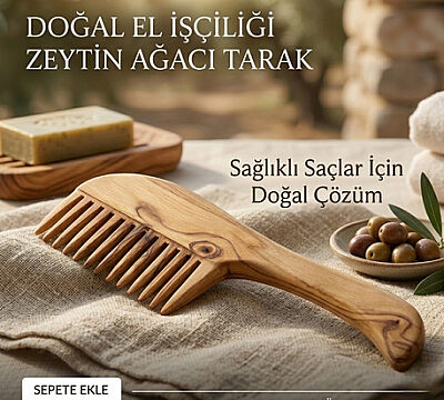 El Yapımı Doğal Zeytin Ağacı Saplı Geniş Dişli Saç Tarağı - 2